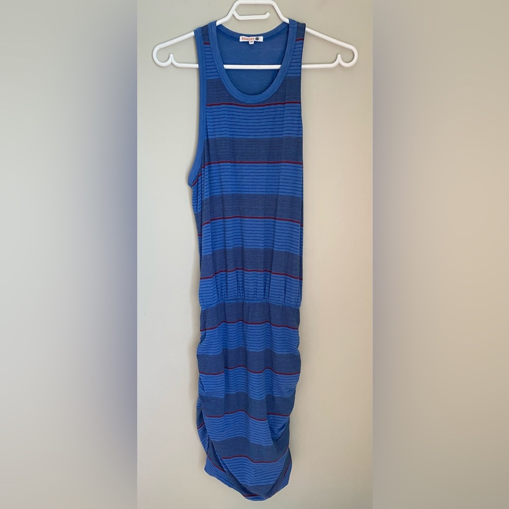 Sundry Blue Striped Ruched Sleeveless Tank Dress Size 2 or Medium Beachy - Picture 2 of 9